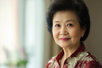 Graceful Older Woman Bathed in Soft Natural Light by a Bright Window with a Calm and Minimalistic Background.