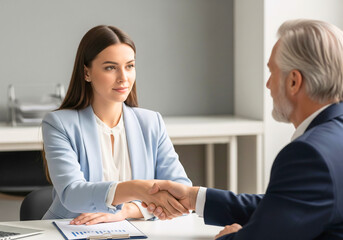 Business Deal Handshake: A young businesswoman and a senior businessman shake hands across a desk, signifying a successful business deal or partnership.  The image conveys trust, professionalism.
