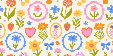 Vector seamless pattern in simple floral wavy and groovy naive style, flowers and plants, floral botanic hand drawn design templates, modern art prints, surface design