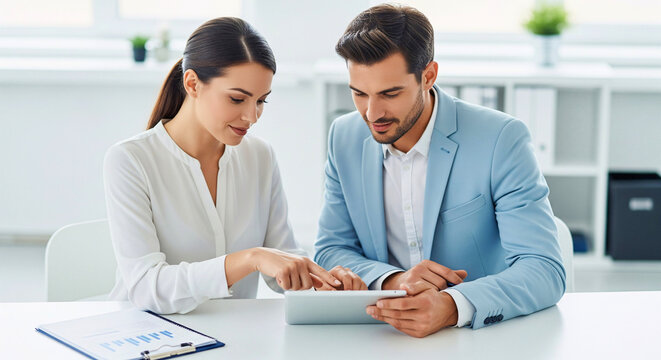 Business Partnership: A modern office scene shows a focused man and woman collaborating intently over a digital tablet, symbolizing partnership and business collaboration. - Powered by Adobe