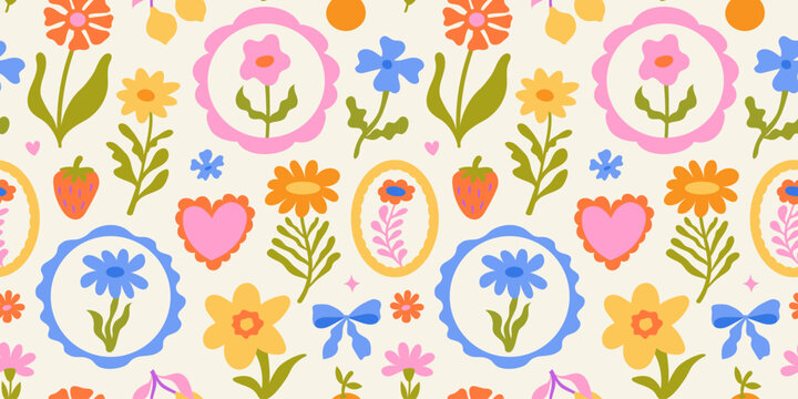 Vector seamless pattern in simple floral wavy and groovy naive style, flowers and plants, floral botanic hand drawn design templates, modern art prints, surface design