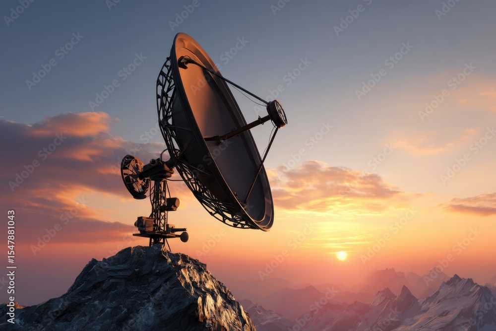 Poster a satellite dish array set up on a remote mountain, receiving signals from space for communication a