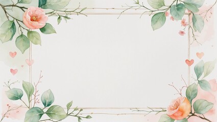 Delicate floral frame card in soft watercolor style, pastel colors, romantic invitation design with copy space