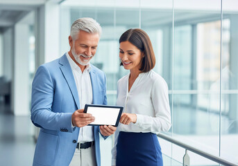 Strategic Synergy: A seasoned executive and a dynamic professional engage in a collaborative discussion within a contemporary office setting.