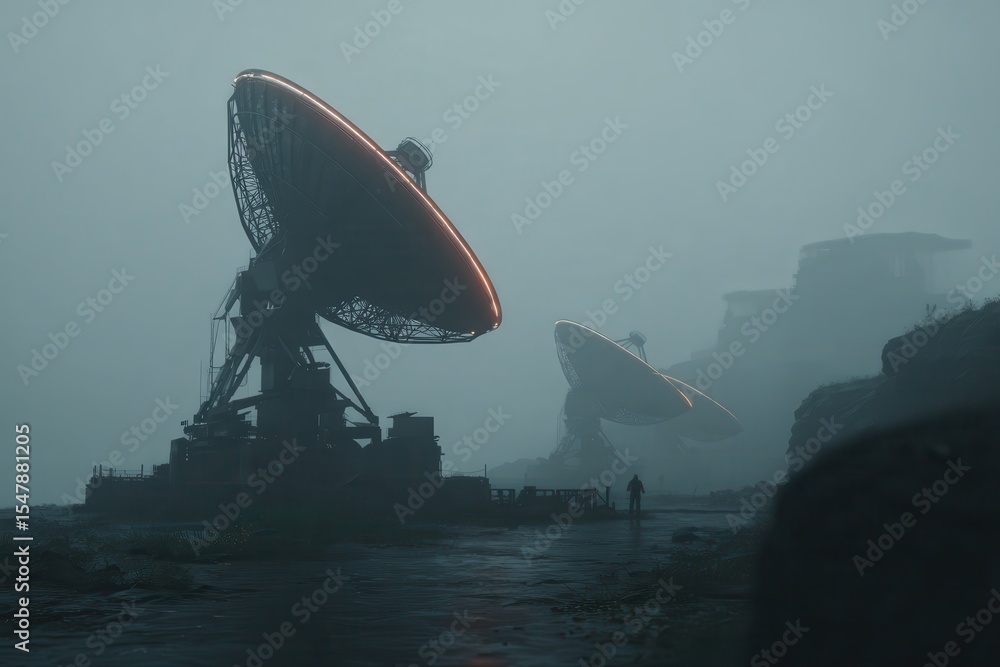 Poster a satellite dish array set against a remote mountain backdrop covered in fog, creating a mysterious 