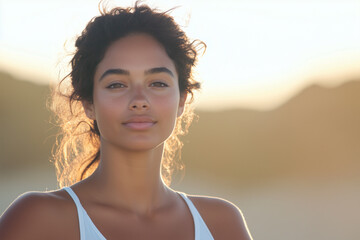 Graceful Woman in Sleek Yoga Attire Performing Early Morning Poses on a Quiet Beach During Sunrise Light.