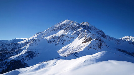 Fototapeta premium Snow-covered mountains stand majestically under a bright blue sky on a sunny day in the alps.