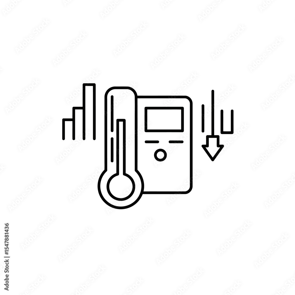 Poster a simple line drawing of a thermometer, a device, and decreasing data, possibly showing temperature 