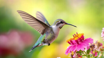 Naklejka premium Hummingbird in flight near a vibrant pink flower, capturing nature's beauty and grace.