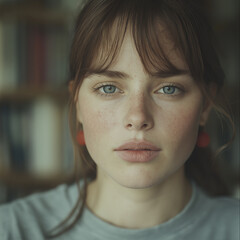 Portrait of a thoughtful Slavic woman with bangs in front of vintage bookshelf