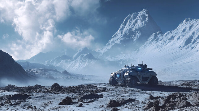 A futuristic armored vehicle explores a snow-covered, mountainous, icy terrain under a dramatic sky.