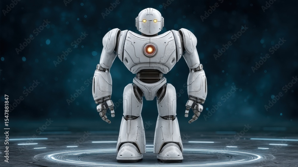 Poster a futuristic humanoid robot with sleek white design and glowing eyes standing on a high-tech platfor