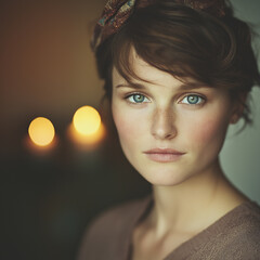 Naturalistic close-up of a Slavic woman with subtle expression and vintage setting