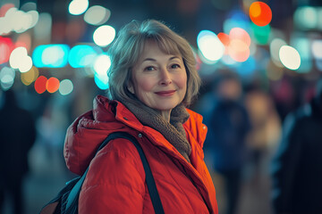 Happy Mature Woman in a Bright Red Jacket Walking Through a Bustling City Street with Vibrant Lights and Blurred Pedestrians in the Background.