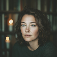 Close-up of a Slavic woman with blue eyes and red earrings in cozy book-filled room