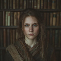 Realistic portrait of a woman with blue eyes and soft lighting near old books