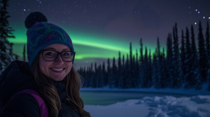 Happy woman taking selfie under northern lights at night in snowy forest, wearing winter jacket and colorful beanie with stars in the sky.