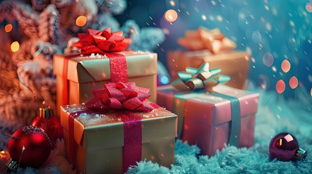 christmas gifts on abstract colored background, colorful gift boxes - Powered by Adobe