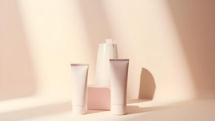 Minimalist skincare products with soft lighting