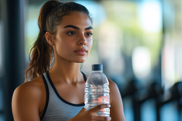 Healthy Lifestyle Concept Featuring Athletic Woman with Ponytail in Tank Top Holding Water Bottle with Blurred Background of Gym Machines and Weights.