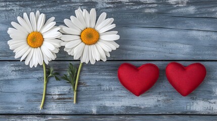 Obraz premium Daisy, Daisies, Chamomile, Two Daisies and Two Red Hearts on Rustic Wooden Background