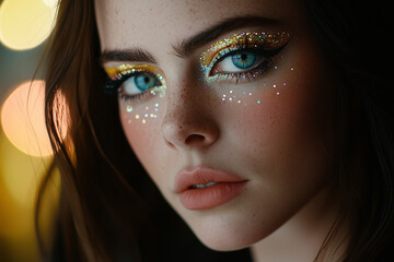 High Fashion Beauty Look of a Model with Dazzling Creative Eye Makeup in Bright Colors and Glitter Against a Soft-Focus Professional Studio Environment.