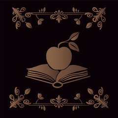 Golden Ornamental Apple. Knowledge and nature. Floral frame with apple and open book. Mystical apple and book.  Symbol of wisdom and growth.