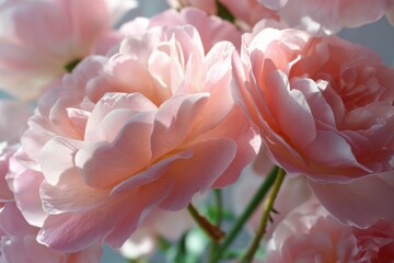 Fototapeta premium Close-up of blooming heirloom roses, detailed textures and soft pink hues, natural light