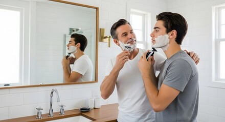 Father and son shaving together in bathroom routine family bonding grooming skincare shaving cream razor father's day