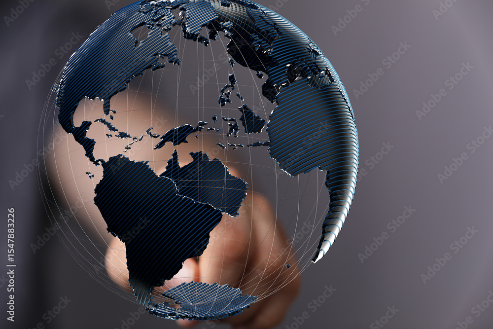 Poster Abstract image of a hand interacting with a 3D model of Earth, symbolizing global connectivity and networking.