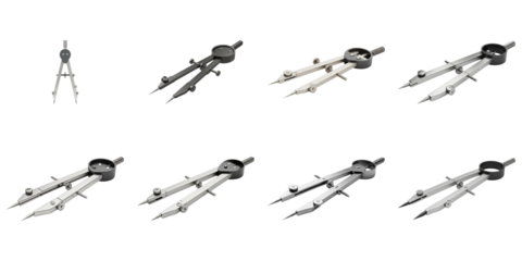 Drawing Compass Collection: A diverse set of drawing compasses in different angles and positions, showcasing various designs and sizes, perfect for architectural, engineering, or artistic projects. 