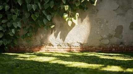 Sunlight Filtering Through Dense Ivy Leaves on a Weathered Wall in a Tranquil Outdoor Space