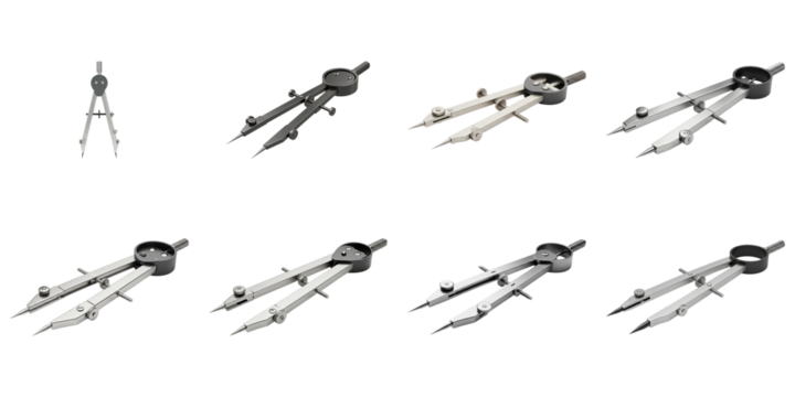 Drawing Compass Collection: A diverse set of drawing compasses in different angles and positions, showcasing various designs and sizes, perfect for architectural, engineering, or artistic projects. 