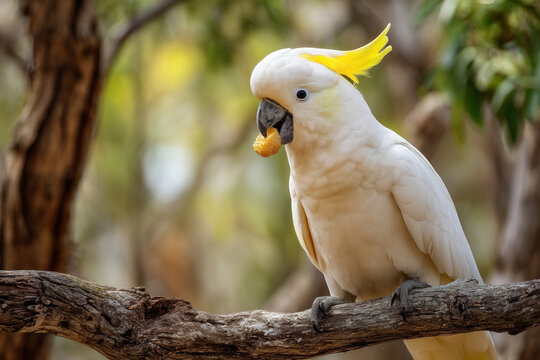 A photo of an Australian sulphur-crested cockatoo sitting on a branch, eating some food - Powered by Adobe
