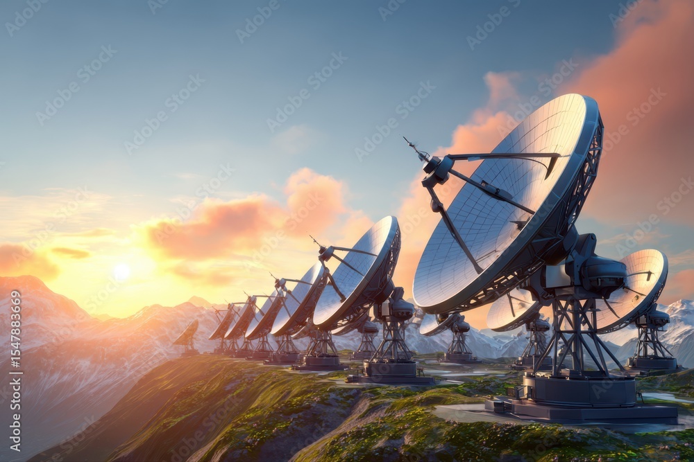 Poster a satellite dish array on a remote mountain under a cloudy sky, sending and receiving signals.
