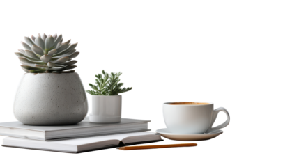 White coffee cup sits on a white saucer on top of a stack of books. transparent background