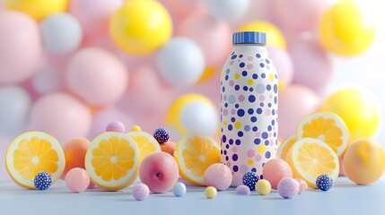 Water bottle, Bottle, Drink bottle, Colorful Water Bottle with Citrus Fruits and Pastel Balls