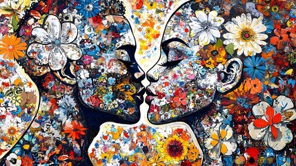 Couple, Kiss, Love, Floral Embrace A Colorful Kiss