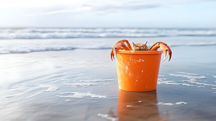 Crab, Beach, Ocean, Crab in an Orange Bucket on the Beach