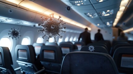 Virus Particles Floating in Airplane Cabin Illustrating Airborne Contamination in Travel Environment