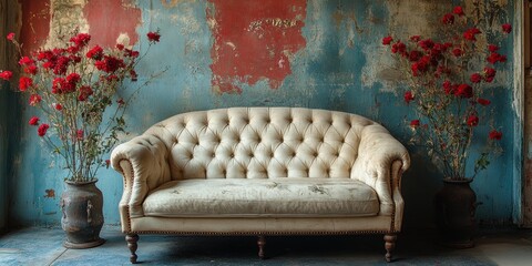 Vintage Tufted Sofa with Red Flowers in Vases Against a Distressed Blue Wall