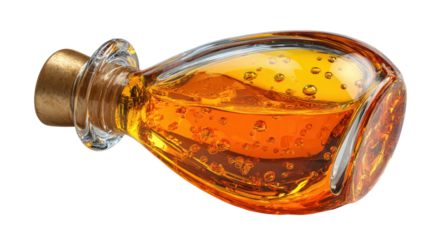 Bottle of amber colored liquid with bubbles in it. transparent background