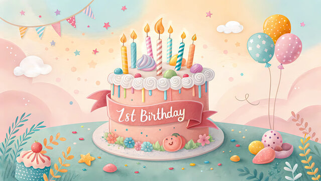 Celebrate first birthday with cake balloons and decorations for a happy birthday party theme event design