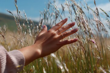 Close-up of hand touching tall grass in slow motion, soft focus and wind movement