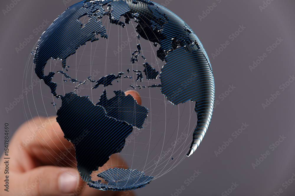 Poster High-tech image of a hand interacting with a 3D model of Earth, representing global connectivity and networking.