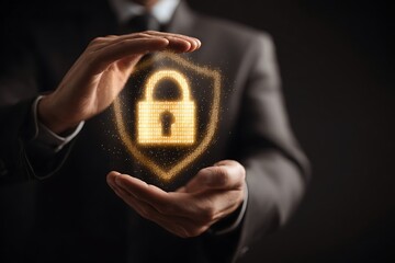Vibrant photo of businessman holding a shield with a lock symbol on a virtual screen, a data protection concept for business security and cyber security. Black background, copy.