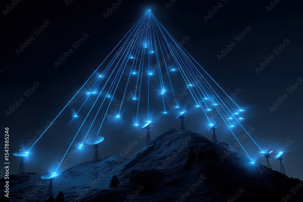 Poster this stock image features a remote mountain with a satellite dish array illuminated by numerous ligh
