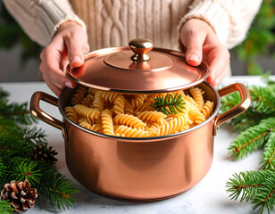 Copper pot fusilli pasta hands lid pine branch festive winter kitchen cozy holiday meal. person sweater lifts meal preparation pot boiling pasta