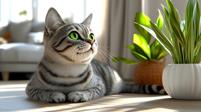Cat, Tabby cat, Silver tabby, Silver Tabby Cat Relaxing in Sunny Home Interior