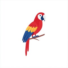 Fototapeta premium Vibrant Scarlet Macaw perched gracefully on a branch, showcasing its striking red, blue, and yellow plumage against a clean white background.